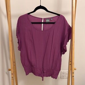 Soho Plum Ruffle-Sleeve Drawstring Hem Blouse